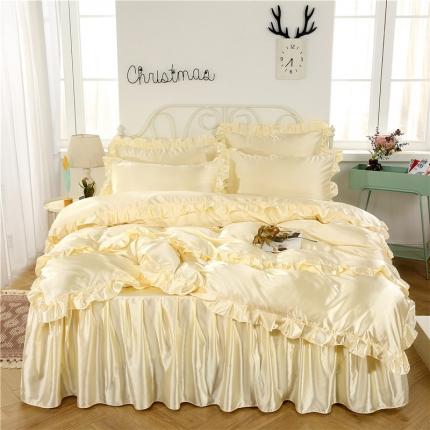 91家纺网 家纺一手货源 找家纺 水洗真丝冰丝床裙四件套丝滑裸睡夏天冰丝被套丝绸公主床罩床上用品 米黄