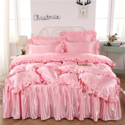 水洗真丝冰丝床裙四件套丝滑裸睡夏天冰丝被套丝绸公主床罩床上用品 粉色