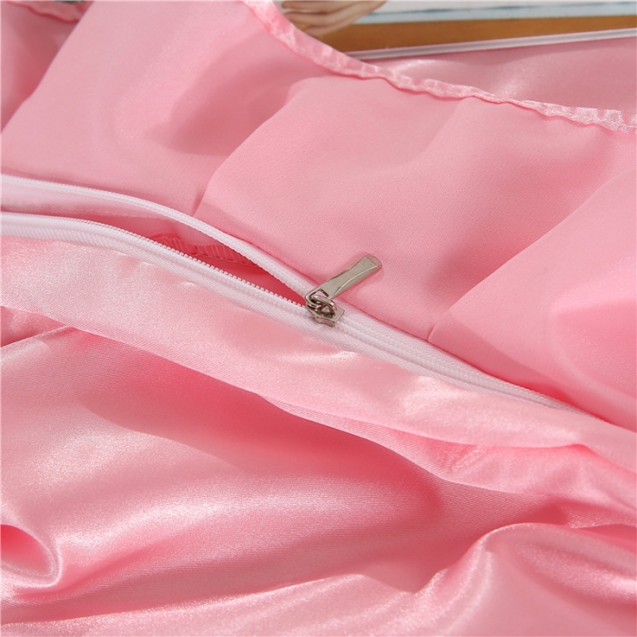 91家纺网 家纺一手货源 找家纺 水洗真丝冰丝床裙四件套丝滑裸睡夏天冰丝被套丝绸公主床罩床上用品 粉色