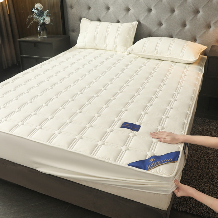 91家纺网 家纺一手货源 找家纺 给笠 2024新款希尔顿原棉抗菌夹棉床笠-雅格 雅格-米白