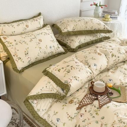91家纺网 家纺一手货源 找家纺 KA家纺 2023春夏新款复古全棉花边四件套 花舞悠然
