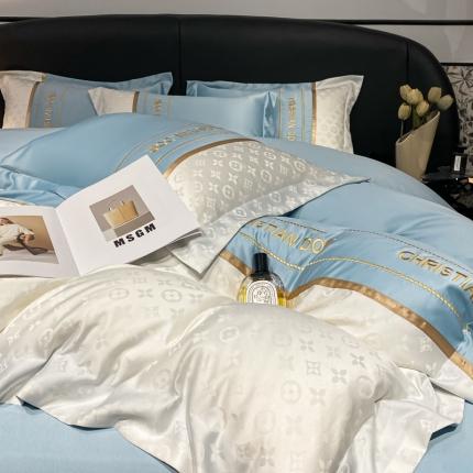 91家纺网 家纺一手货源 找家纺 宇航25新款大牌风水洗真丝天丝提花绣花四件套 路易—水蓝