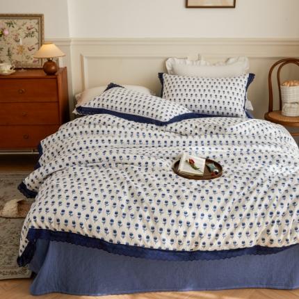 淑女公社家纺 2024新款双层纱纯棉刺绣花边四件套 蓝色之花