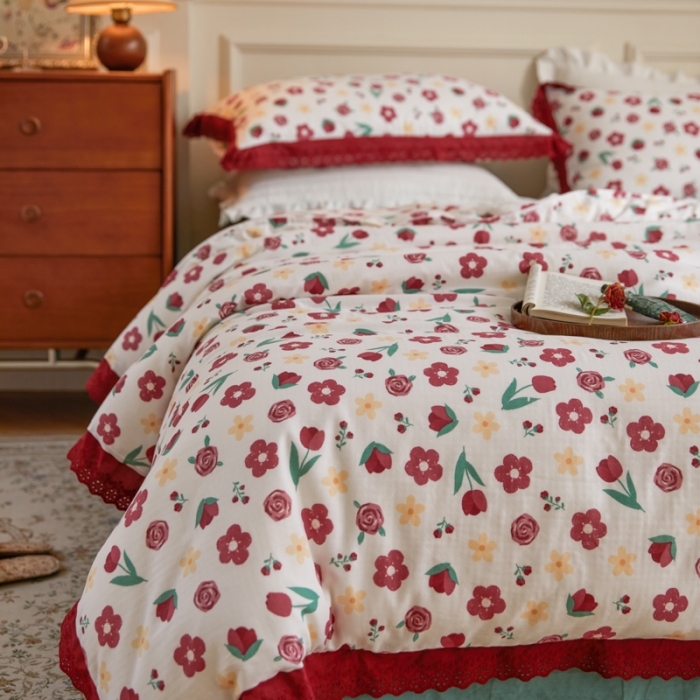 91家纺网 家纺一手货源 找家纺 淑女公社家纺 2024新款双层纱纯棉刺绣花边四件套 陌上花开