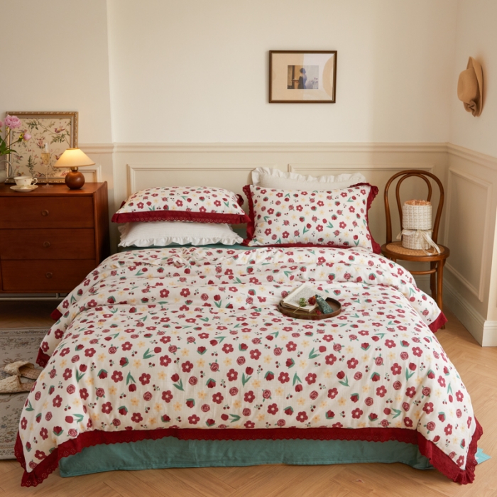 91家纺网 家纺一手货源 找家纺 淑女公社家纺 2024新款双层纱纯棉刺绣花边四件套 陌上花开