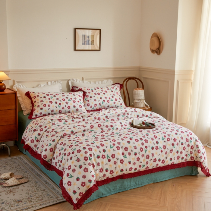 91家纺网 家纺一手货源 找家纺 淑女公社家纺 2024新款双层纱纯棉刺绣花边四件套 陌上花开