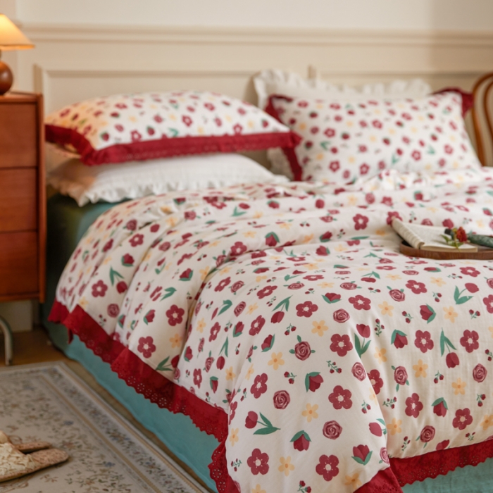 91家纺网 家纺一手货源 找家纺 淑女公社家纺 2024新款双层纱纯棉刺绣花边四件套 陌上花开