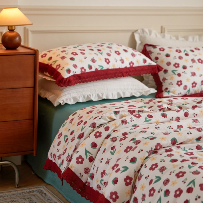 91家纺网 家纺一手货源 找家纺 淑女公社家纺 2024新款双层纱纯棉刺绣花边四件套 陌上花开