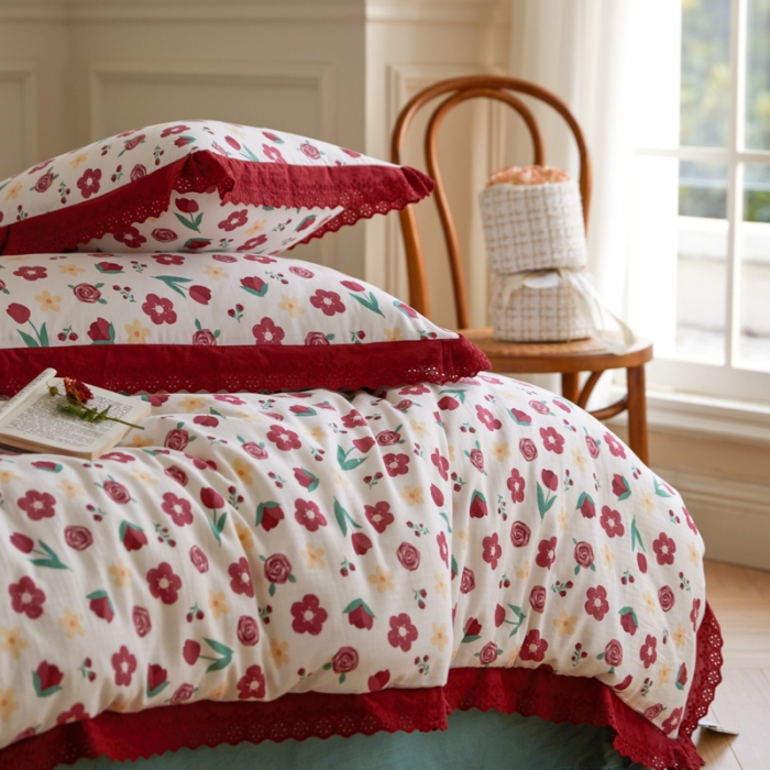 91家纺网 家纺一手货源 找家纺 淑女公社家纺 2024新款双层纱纯棉刺绣花边四件套 陌上花开