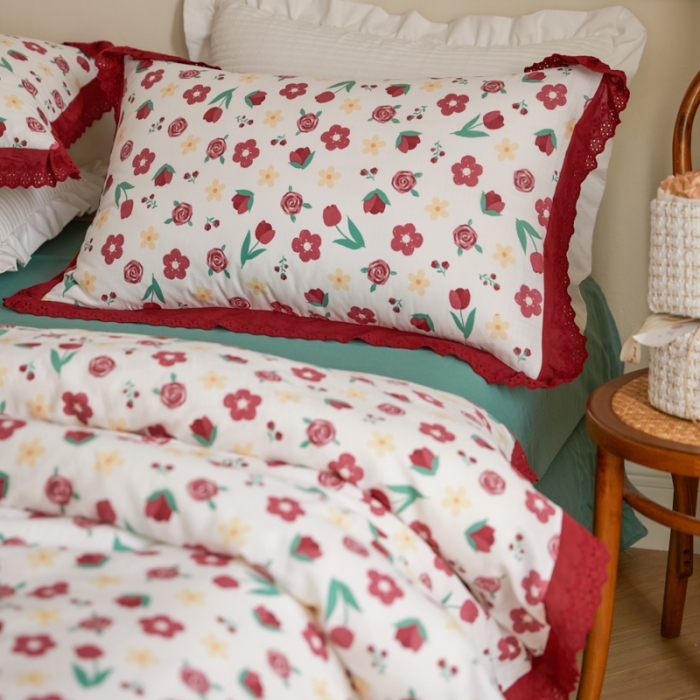 91家纺网 家纺一手货源 找家纺 淑女公社家纺 2024新款双层纱纯棉刺绣花边四件套 陌上花开