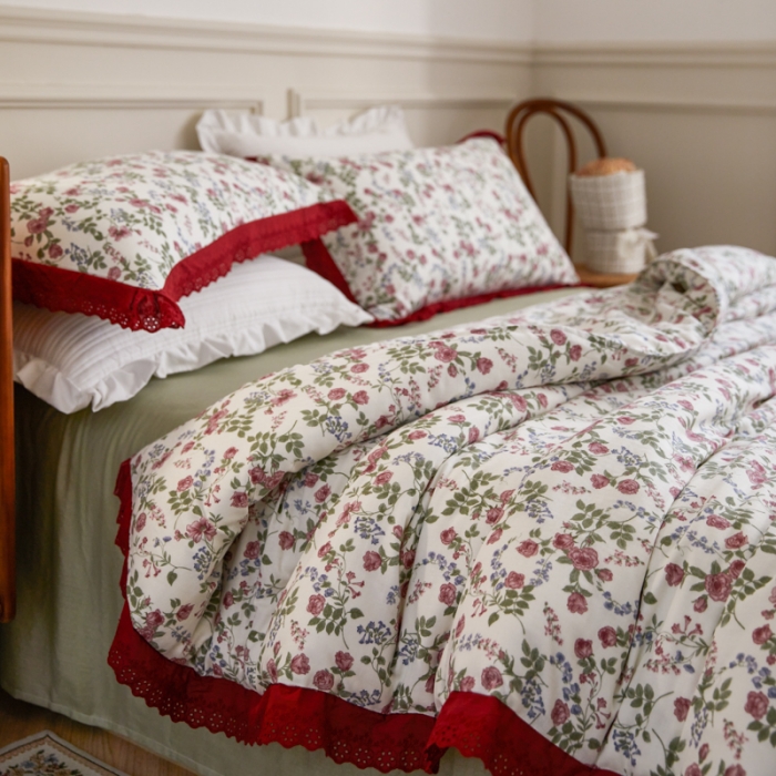 91家纺网 家纺一手货源 找家纺 淑女公社家纺 2024新款双层纱纯棉刺绣花边四件套 蔷薇之恋