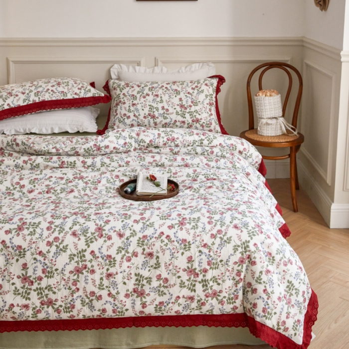 91家纺网 家纺一手货源 找家纺 淑女公社家纺 2024新款双层纱纯棉刺绣花边四件套 蔷薇之恋