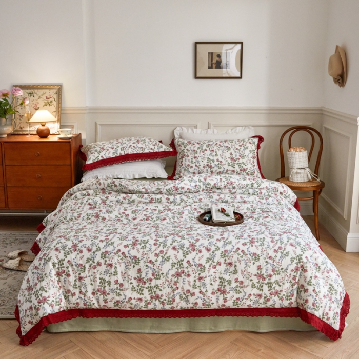 91家纺网 家纺一手货源 找家纺 淑女公社家纺 2024新款双层纱纯棉刺绣花边四件套 蔷薇之恋