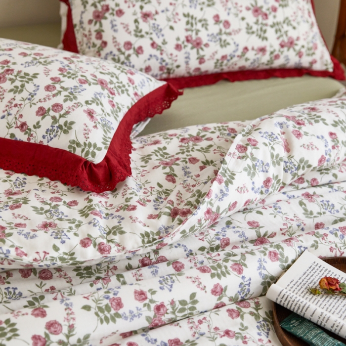 91家纺网 家纺一手货源 找家纺 淑女公社家纺 2024新款双层纱纯棉刺绣花边四件套 蔷薇之恋