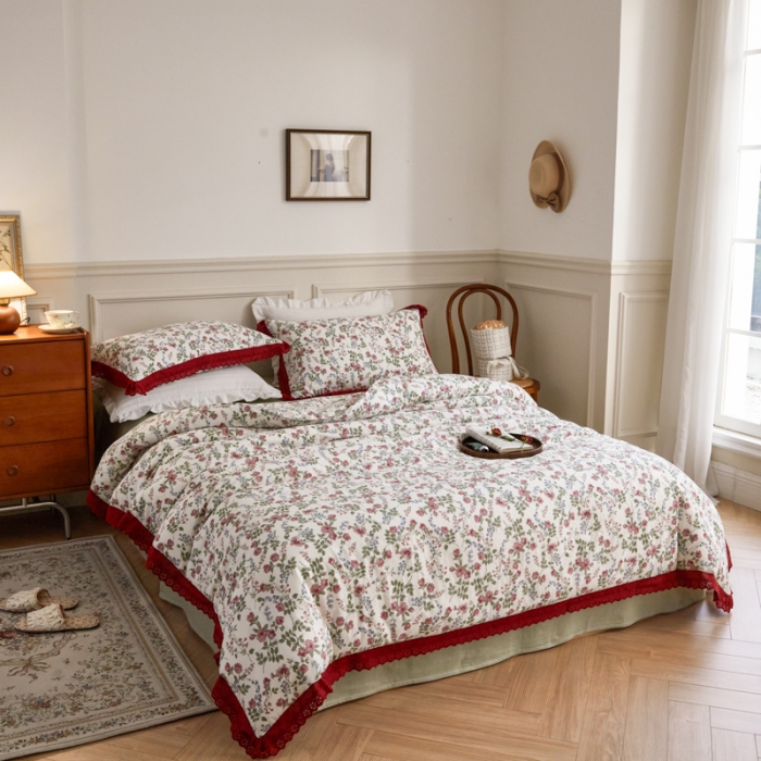 91家纺网 家纺一手货源 找家纺 淑女公社家纺 2024新款双层纱纯棉刺绣花边四件套 蔷薇之恋