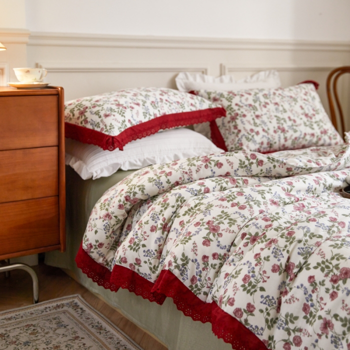 91家纺网 家纺一手货源 找家纺 淑女公社家纺 2024新款双层纱纯棉刺绣花边四件套 蔷薇之恋