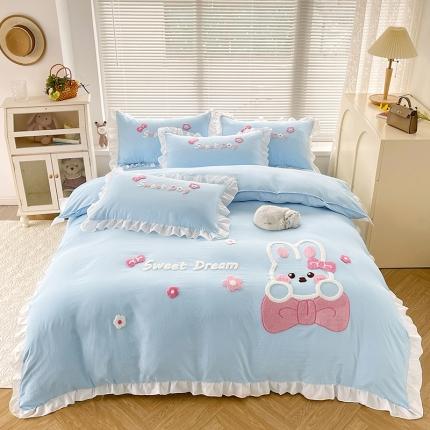 91家纺网 家纺一手货源 找家纺 泉欣家纺 2024新款美美兔毛巾绣四件套 美美兔~浅蓝