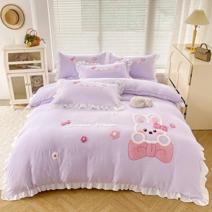 91家纺网 家纺一手货源 找家纺 泉欣家纺 2024新款美美兔毛巾绣四件套 美美兔~浅紫