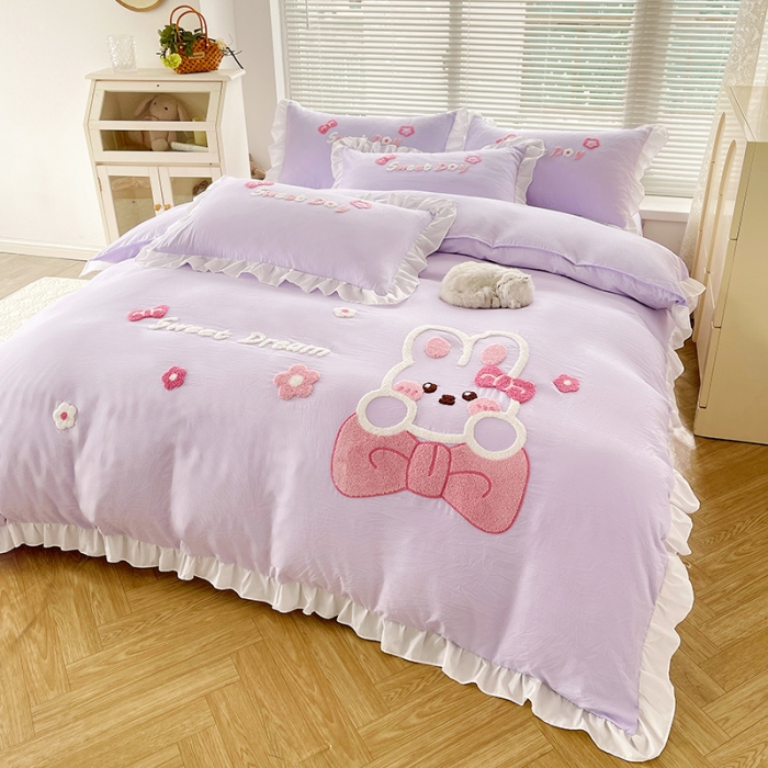 91家纺网 家纺一手货源 找家纺 泉欣家纺 2024新款美美兔毛巾绣四件套 美美兔~浅紫