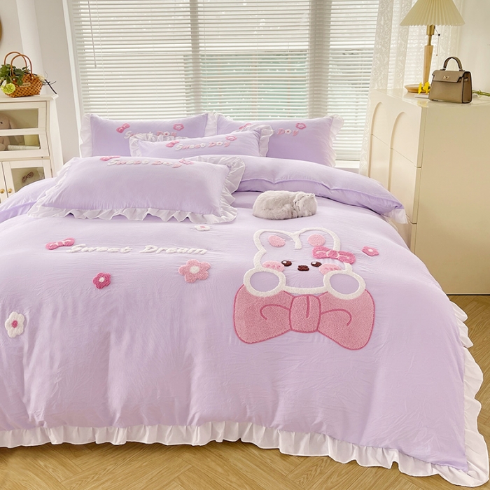 91家纺网 家纺一手货源 找家纺 泉欣家纺 2024新款美美兔毛巾绣四件套 美美兔~浅紫