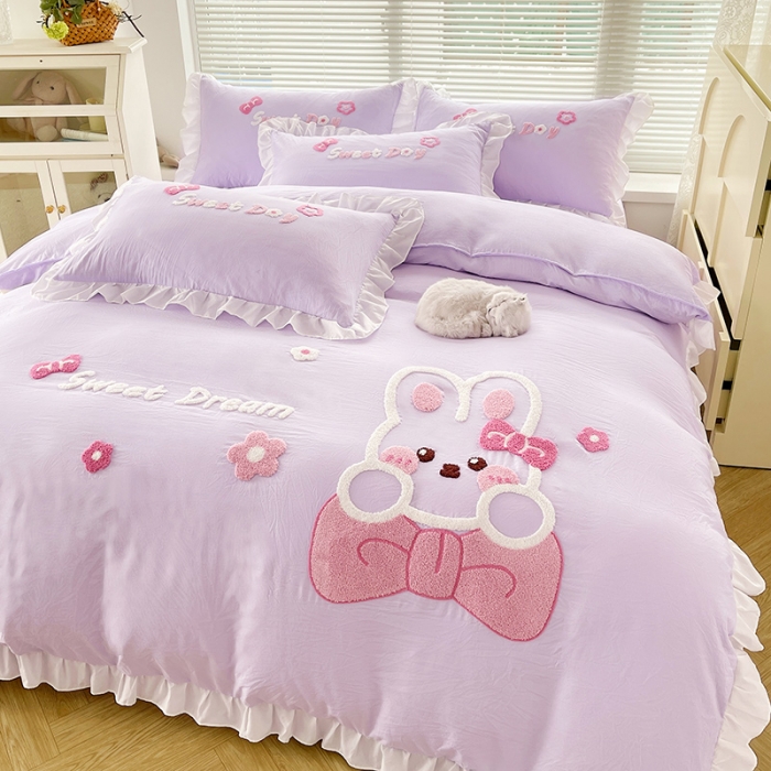 91家纺网 家纺一手货源 找家纺 泉欣家纺 2024新款美美兔毛巾绣四件套 美美兔~浅紫