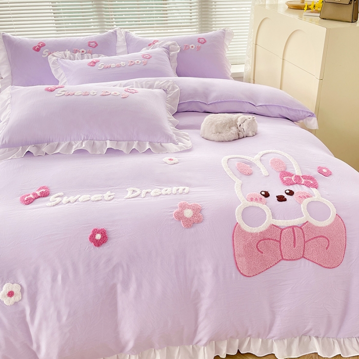 91家纺网 家纺一手货源 找家纺 泉欣家纺 2024新款美美兔毛巾绣四件套 美美兔~浅紫