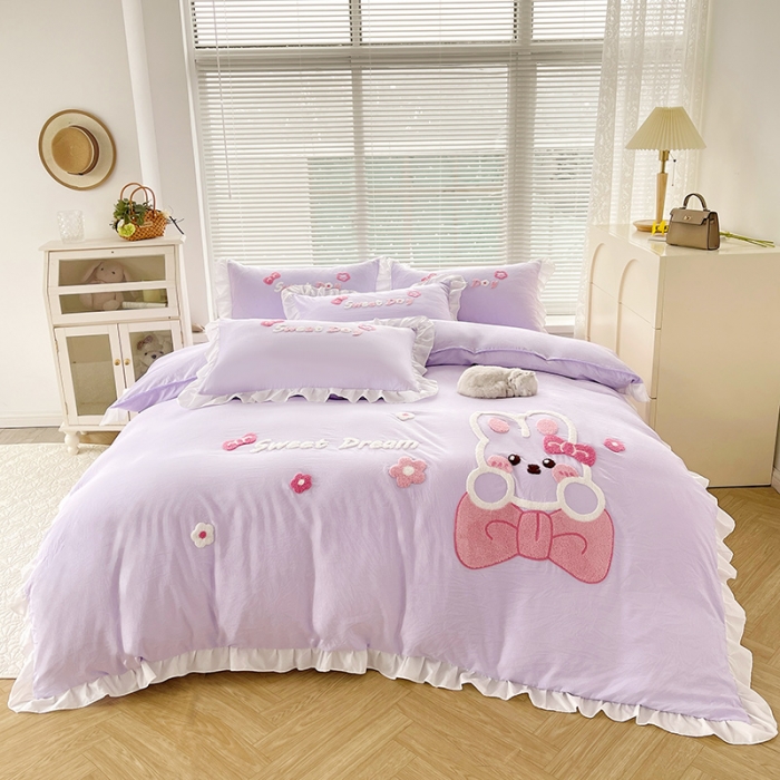 91家纺网 家纺一手货源 找家纺 泉欣家纺 2024新款美美兔毛巾绣四件套 美美兔~浅紫