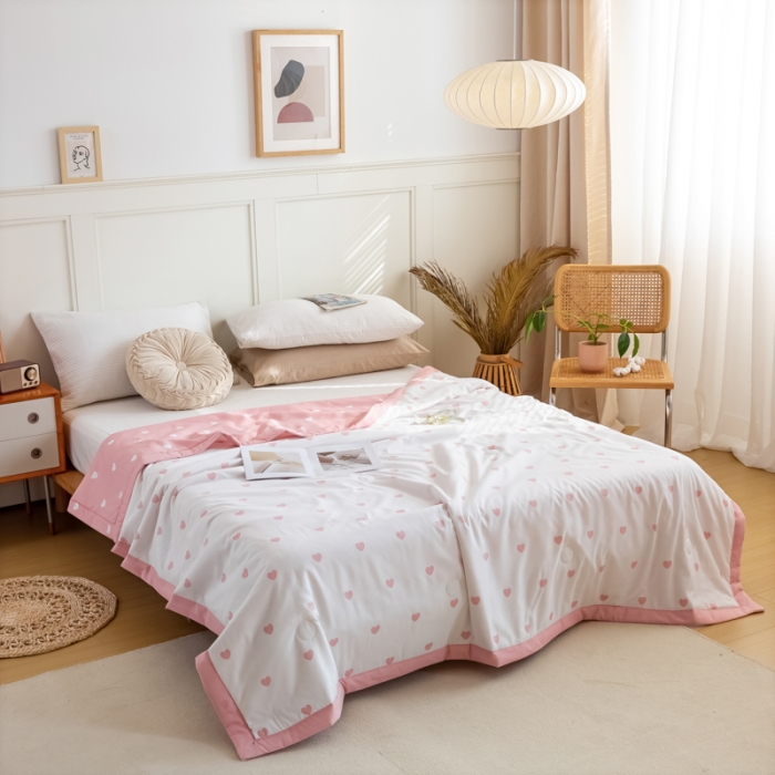 91家纺网 家纺一手货源 找家纺 羋多家纺 2023年新款日式手工包德芙棉磨毛夏被 爱心-樱粉