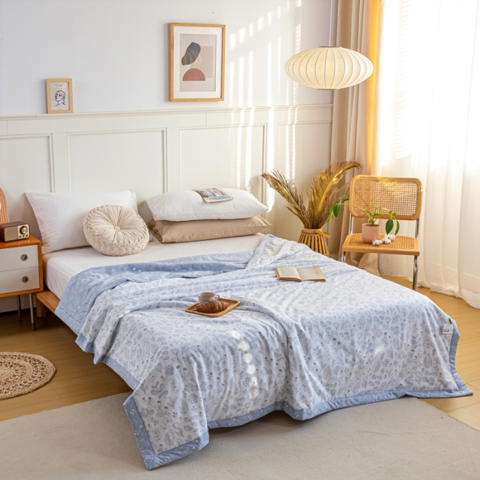 91家纺网 家纺一手货源 找家纺 羋多家纺 2023年新款日式手工包德芙棉磨毛夏被 繁花-蓝