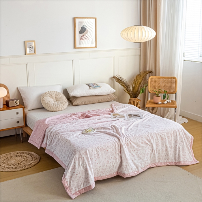 91家纺网 家纺一手货源 找家纺 羋多家纺 2023年新款日式手工包德芙棉磨毛夏被 繁花-粉