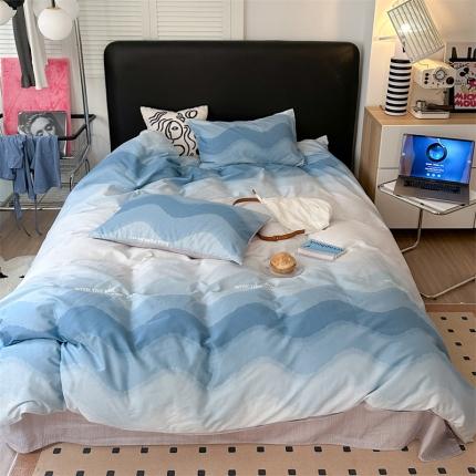 柚子2023新款40s活性印染简约系列全棉四件套 暮光蓝