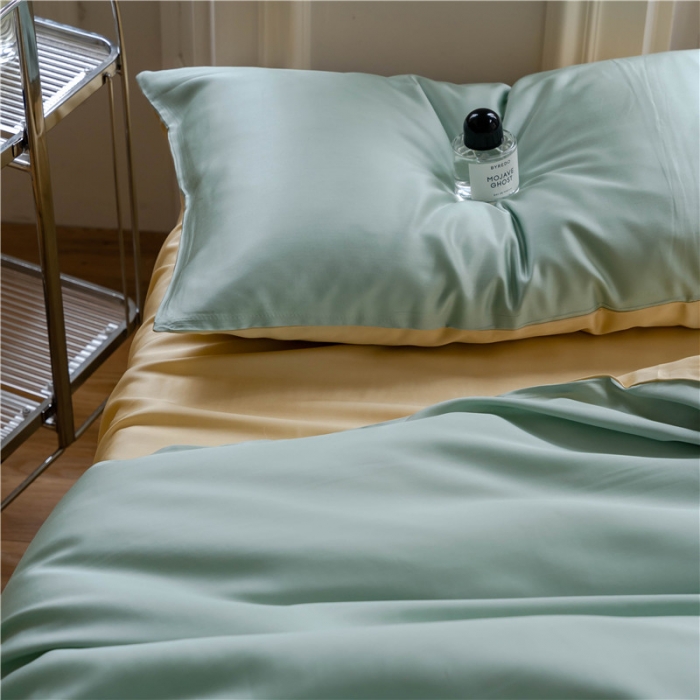 91家纺网 家纺一手货源 找家纺 沐白 60S纯色天丝四件套 浅艾绿-香槟金