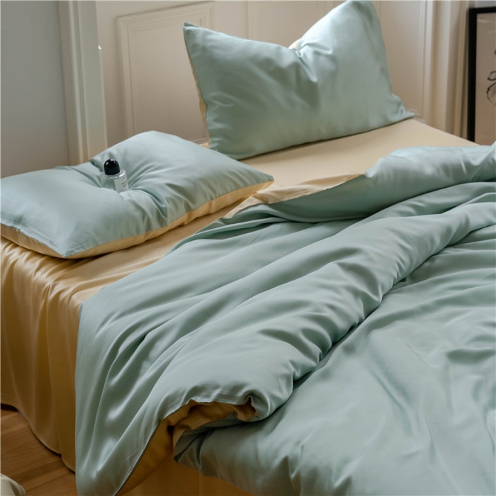 91家纺网 家纺一手货源 找家纺 沐白 60S纯色天丝四件套 浅艾绿-香槟金