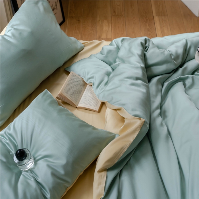 91家纺网 家纺一手货源 找家纺 沐白 60S纯色天丝四件套 浅艾绿-香槟金