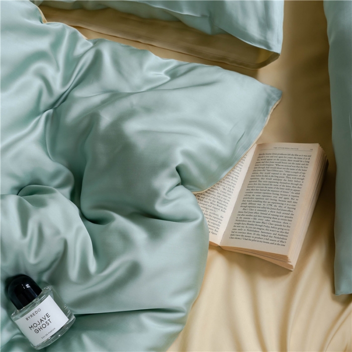 91家纺网 家纺一手货源 找家纺 沐白 60S纯色天丝四件套 浅艾绿-香槟金