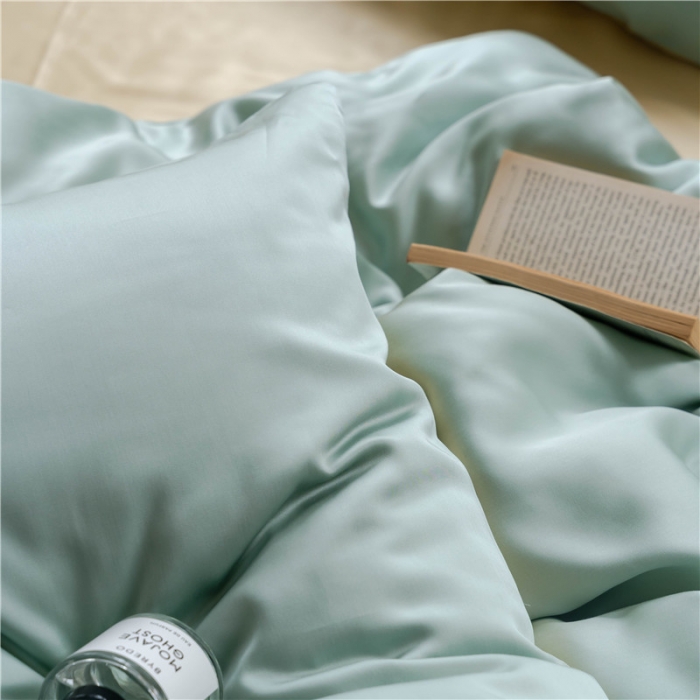 91家纺网 家纺一手货源 找家纺 沐白 60S纯色天丝四件套 浅艾绿-香槟金