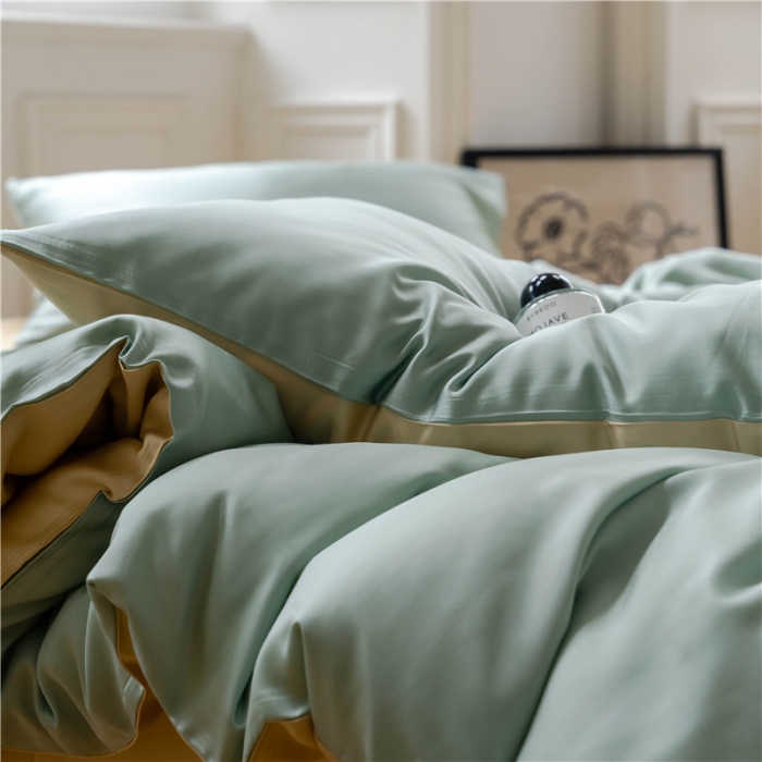 91家纺网 家纺一手货源 找家纺 沐白 60S纯色天丝四件套 浅艾绿-香槟金
