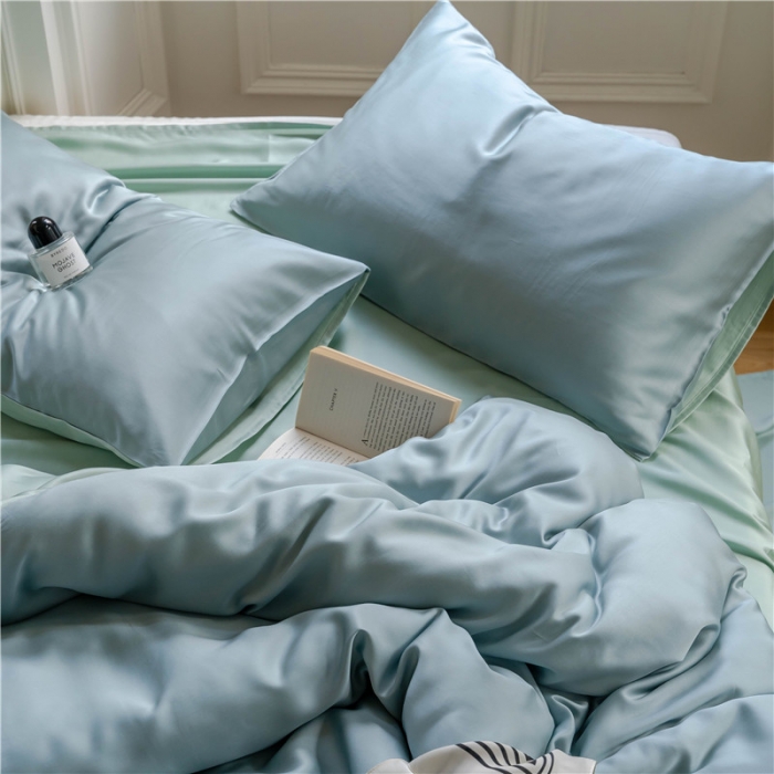 91家纺网 家纺一手货源 找家纺 沐白 60S纯色天丝四件套 天空蓝-浅艾绿