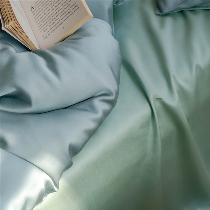 91家纺网 家纺一手货源 找家纺 沐白 60S纯色天丝四件套 天空蓝-浅艾绿