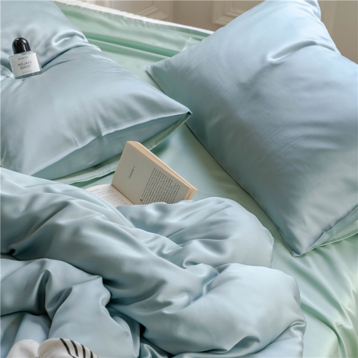 91家纺网 家纺一手货源 找家纺 沐白 60S纯色天丝四件套 天空蓝-浅艾绿
