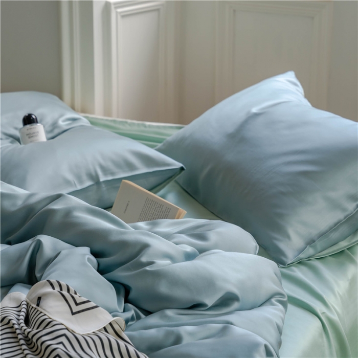 91家纺网 家纺一手货源 找家纺 沐白 60S纯色天丝四件套 天空蓝-浅艾绿