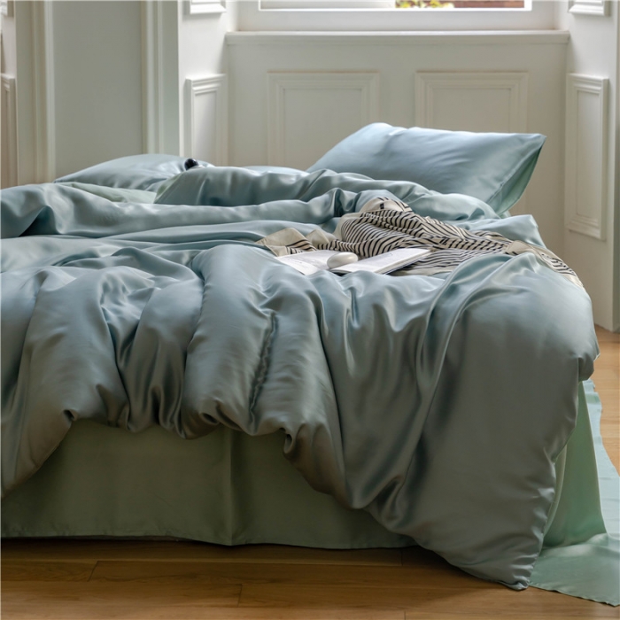 91家纺网 家纺一手货源 找家纺 沐白 60S纯色天丝四件套 天空蓝-浅艾绿