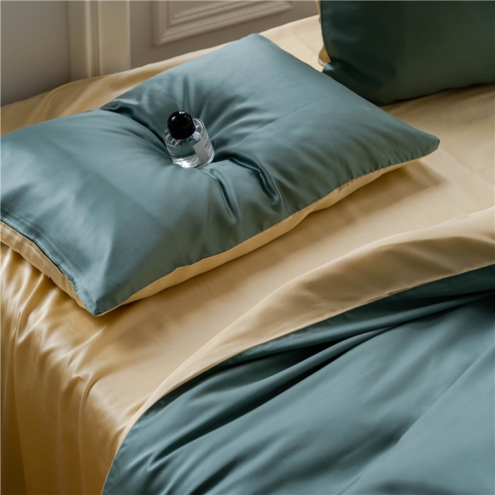 91家纺网 家纺一手货源 找家纺 沐白 60S纯色天丝四件套 天青色-香槟金