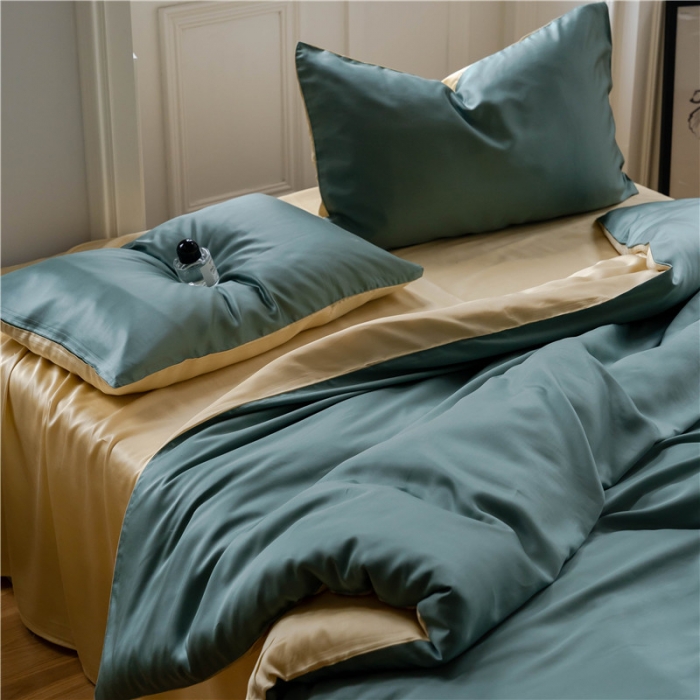 91家纺网 家纺一手货源 找家纺 沐白 60S纯色天丝四件套 天青色-香槟金