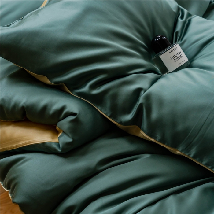 91家纺网 家纺一手货源 找家纺 沐白 60S纯色天丝四件套 天青色-香槟金