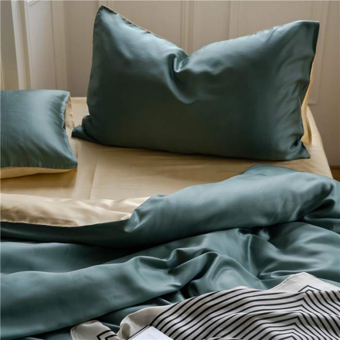 91家纺网 家纺一手货源 找家纺 沐白 60S纯色天丝四件套 天青色-香槟金