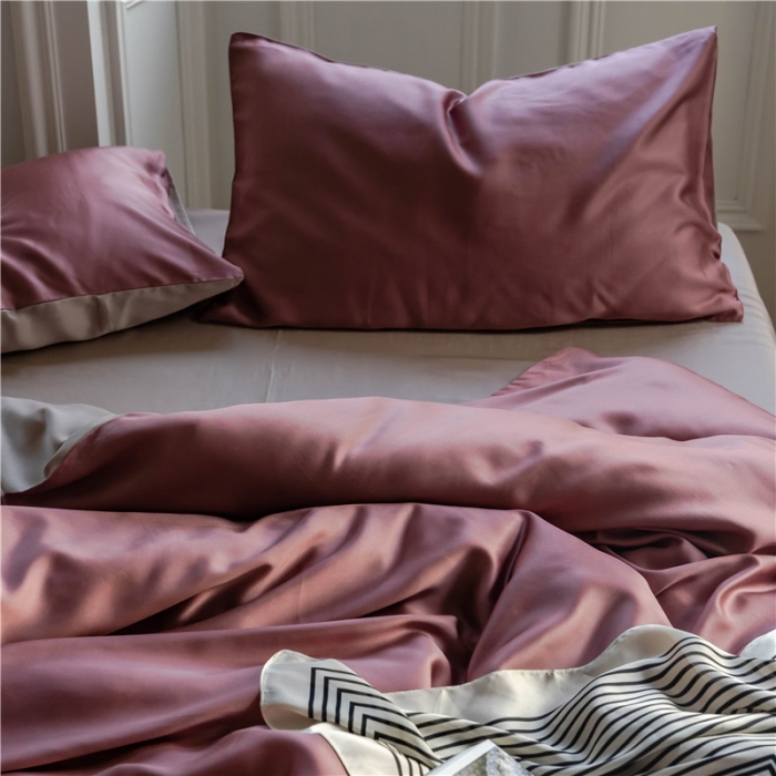 91家纺网 家纺一手货源 找家纺 沐白 60S纯色天丝四件套 野樱莓-芋泥灰