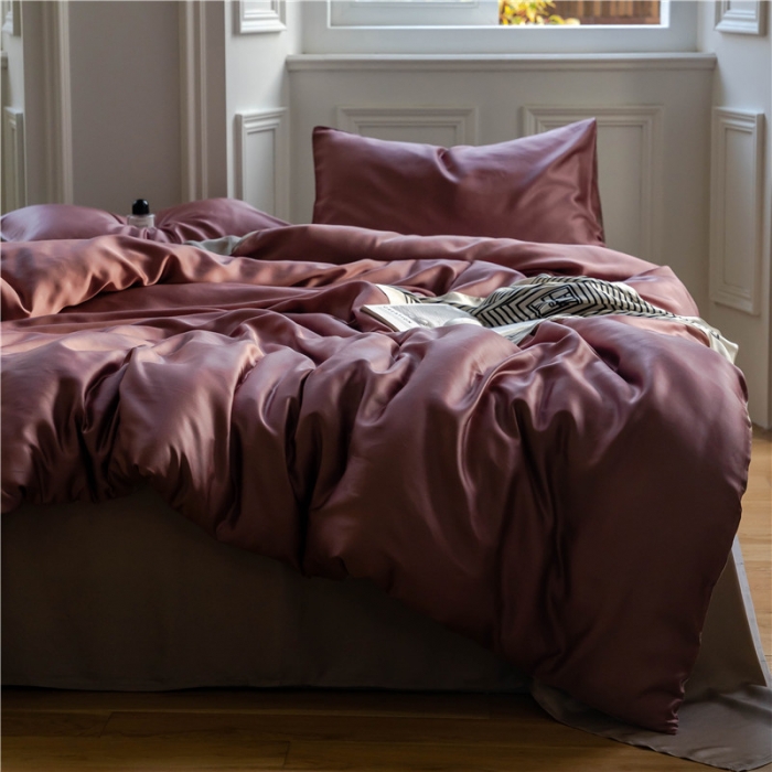 91家纺网 家纺一手货源 找家纺 沐白 60S纯色天丝四件套 野樱莓-芋泥灰