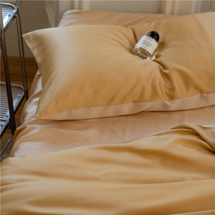 91家纺网 家纺一手货源 找家纺 沐白 60S纯色天丝四件套 芝士黄-沙茶色