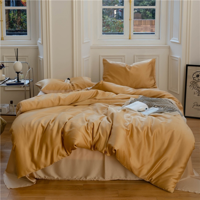 91家纺网 家纺一手货源 找家纺 沐白 60S纯色天丝四件套 芝士黄-沙茶色